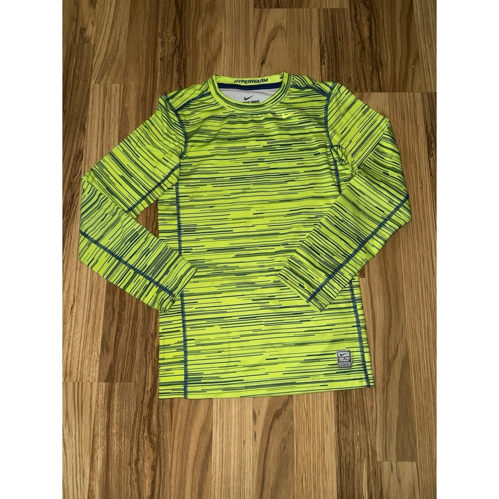 Nike Pro Combat Boys L Large Fitted Shirt Warm Long Sleeve Stretch Green Blue